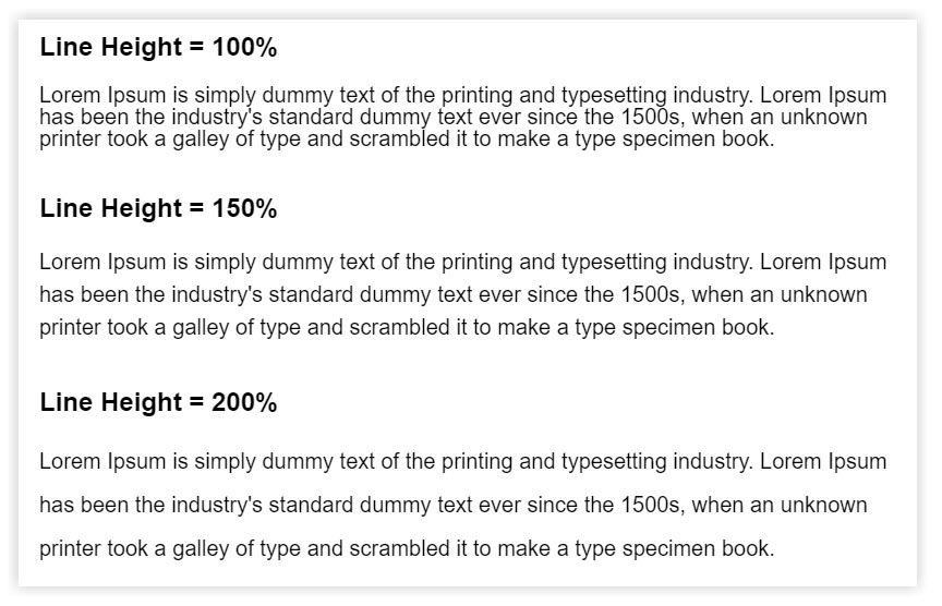 Three sets of lorem ipsum text with line heights of 100%, 150% and 200% showing the increasing space between the lines